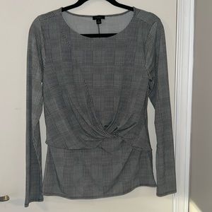 Ann Taylor Black White Houndstooth Twist Front Stretch Blouse Top